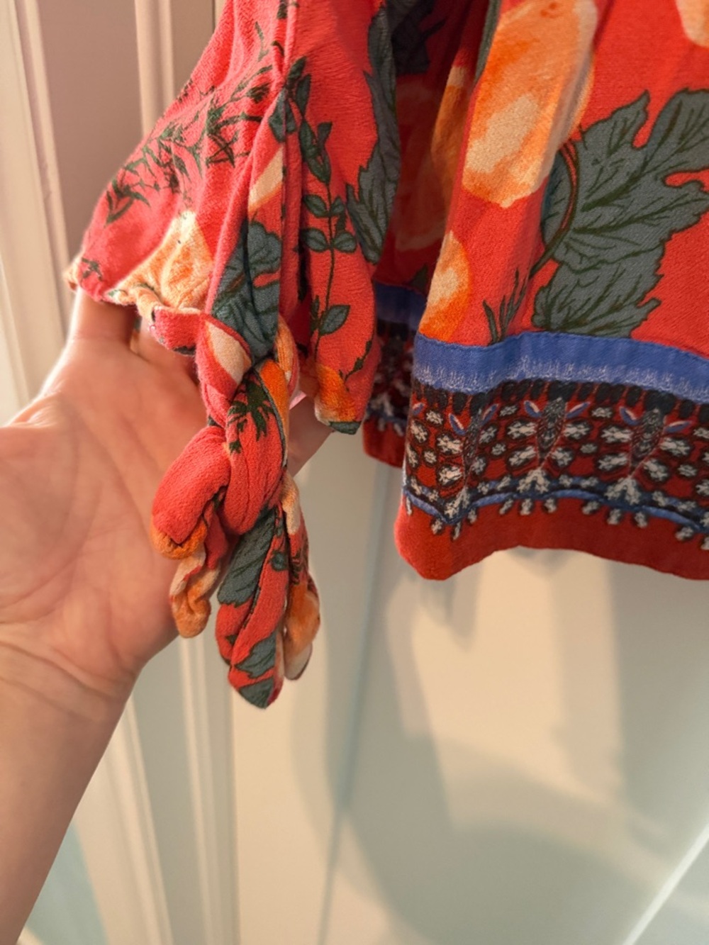 Free People Coral Orange Citrus-Print Boho Button-Front Slightly Cropped Blouse - Picture 6 of 8